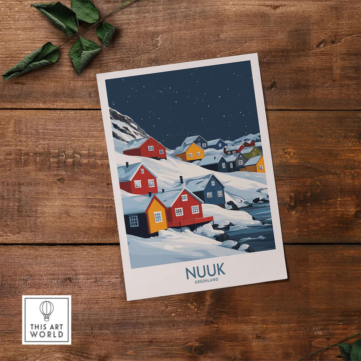 Nuuk poster featuring colorful houses against a night sky, showcasing the charm of Greenland's vibrant landscape.