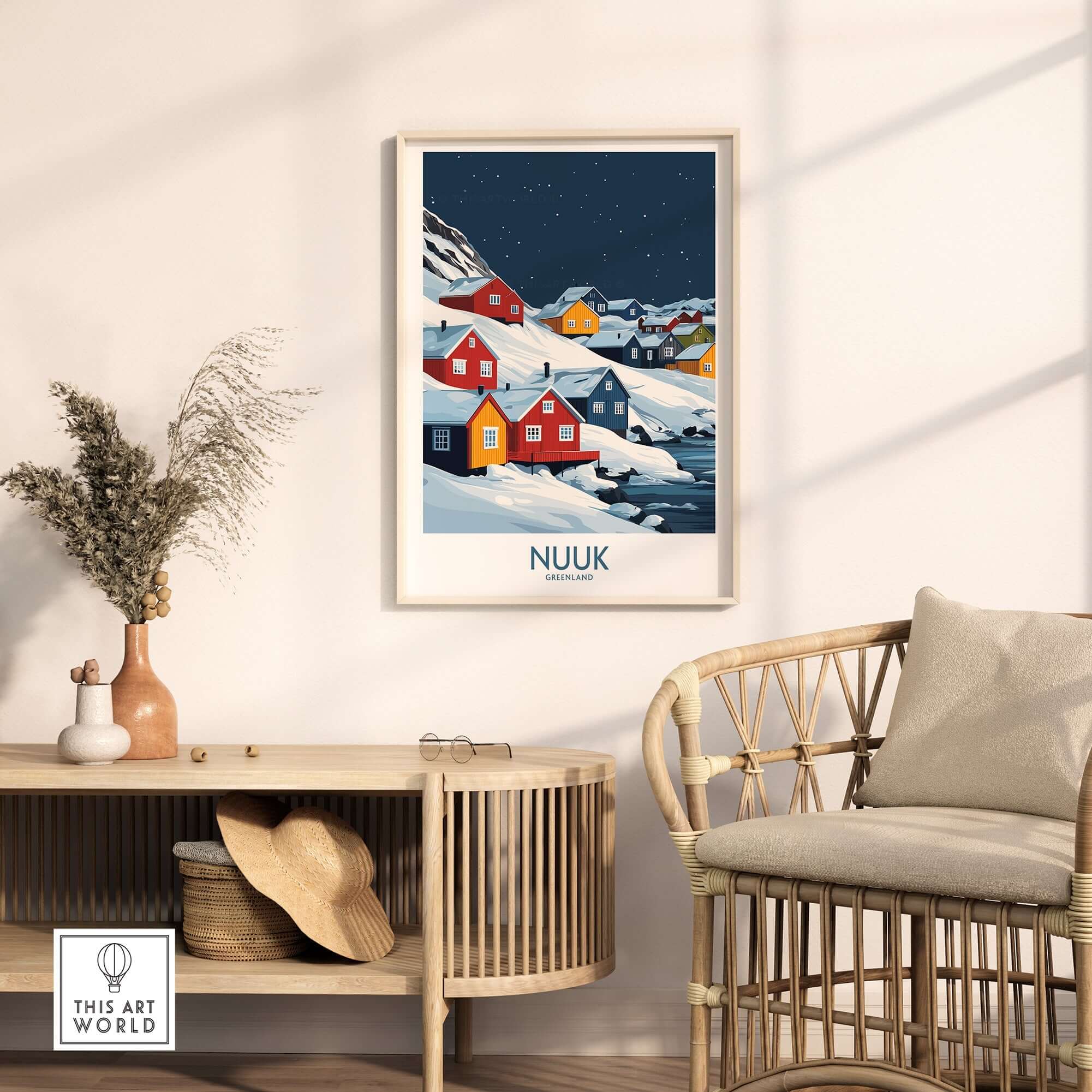 Nuuk Poster Greenland featuring colorful houses in a snowy landscape, perfect for home decor.