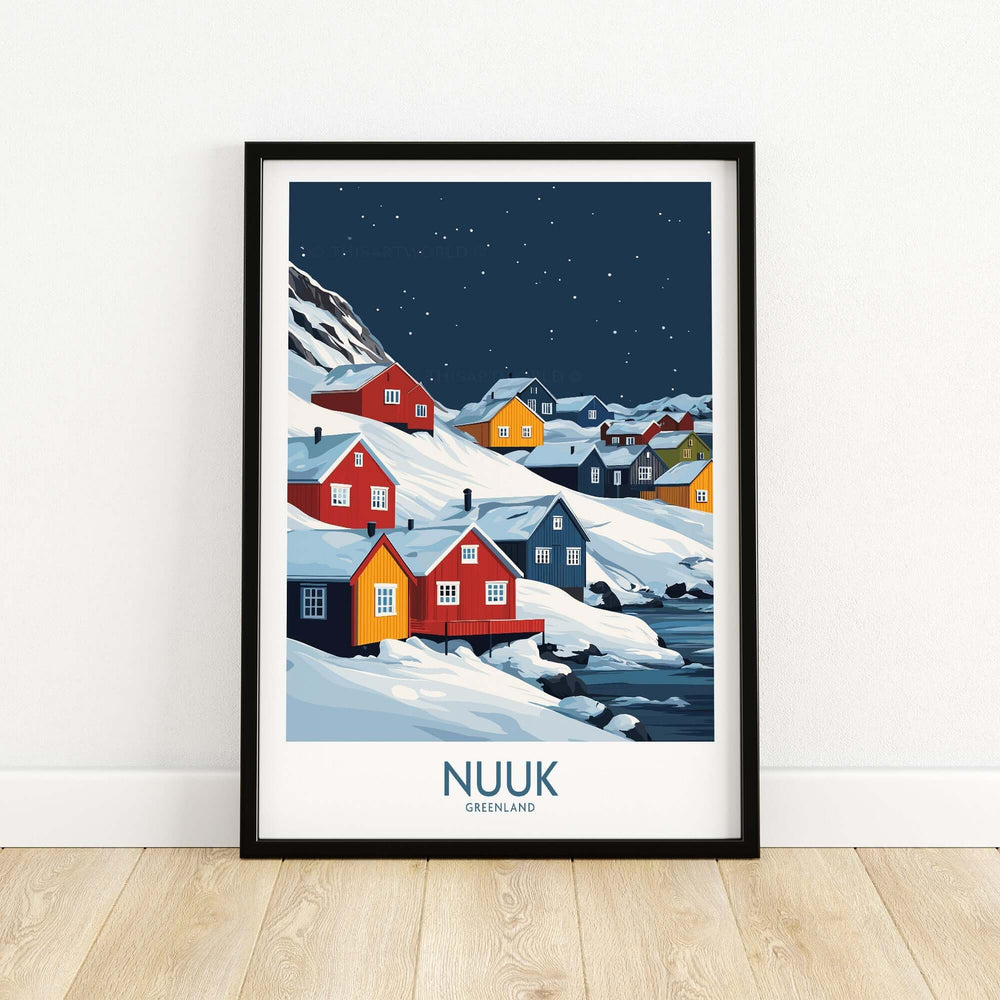 Nuuk poster showcasing colorful houses in snowy landscape of Greenland, perfect for Arctic-themed home decor.