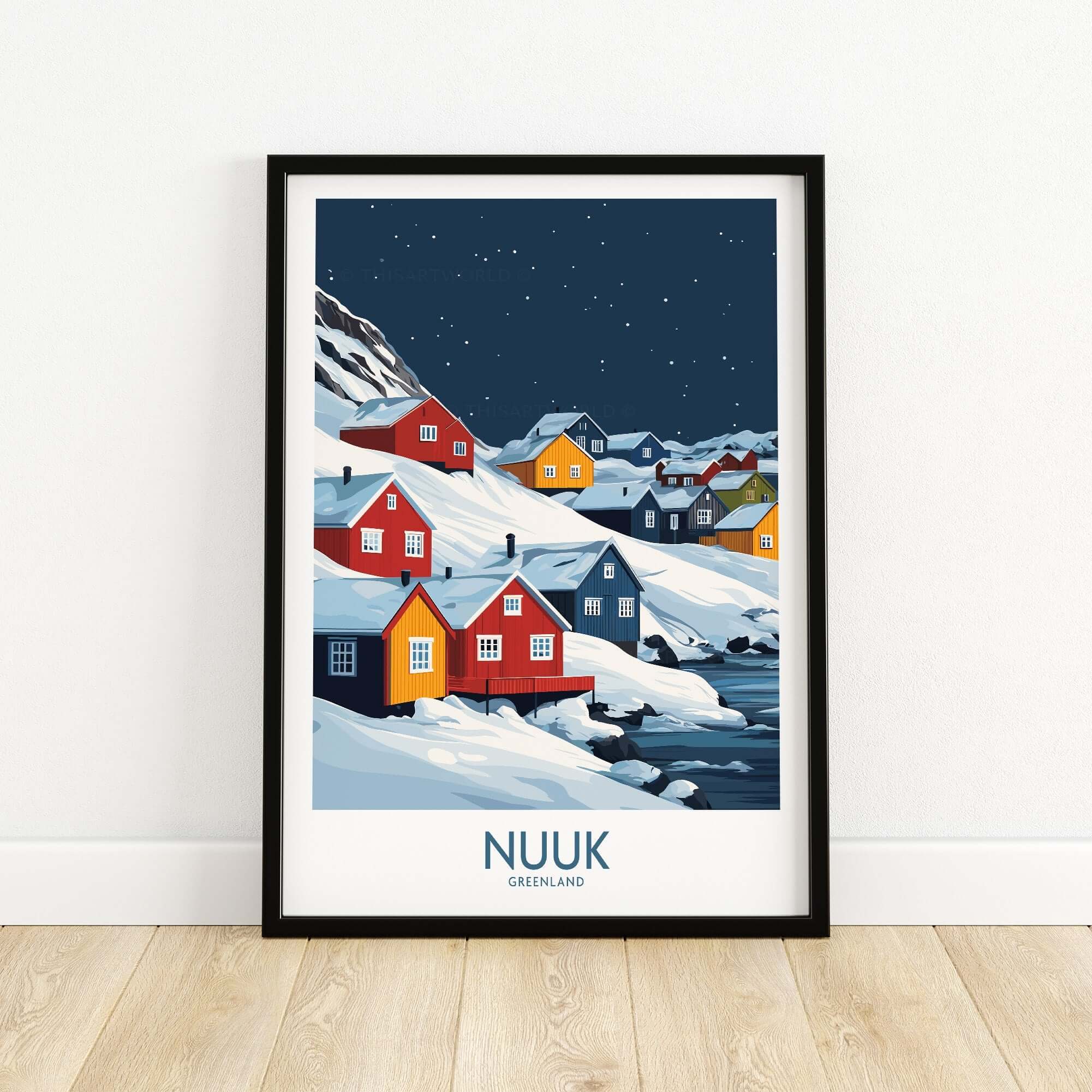 Nuuk Poster Greenland showcasing colorful houses in a snowy landscape under a starry sky, perfect for Arctic decor.
