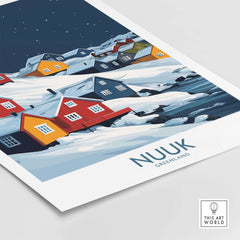 Nuuk Poster Greenland showcasing colorful houses on snow with a dark blue sky, capturing the charm of Nuuk.