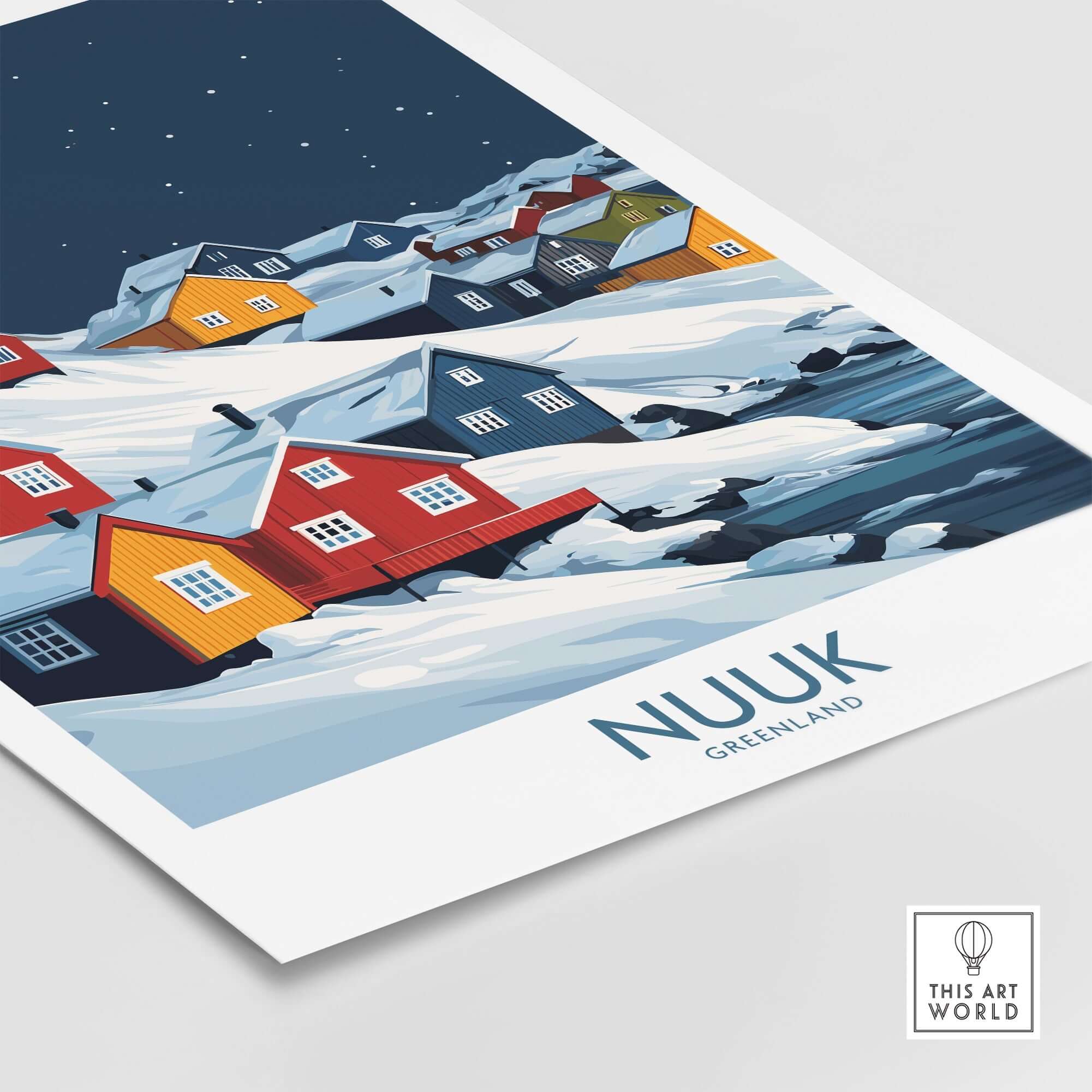 Nuuk Poster Greenland showcasing colorful houses on snow with a dark blue sky, capturing the charm of Nuuk.