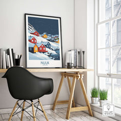 Nuuk Poster Greenland displayed in a stylish room with colorful houses and snowy mountains.