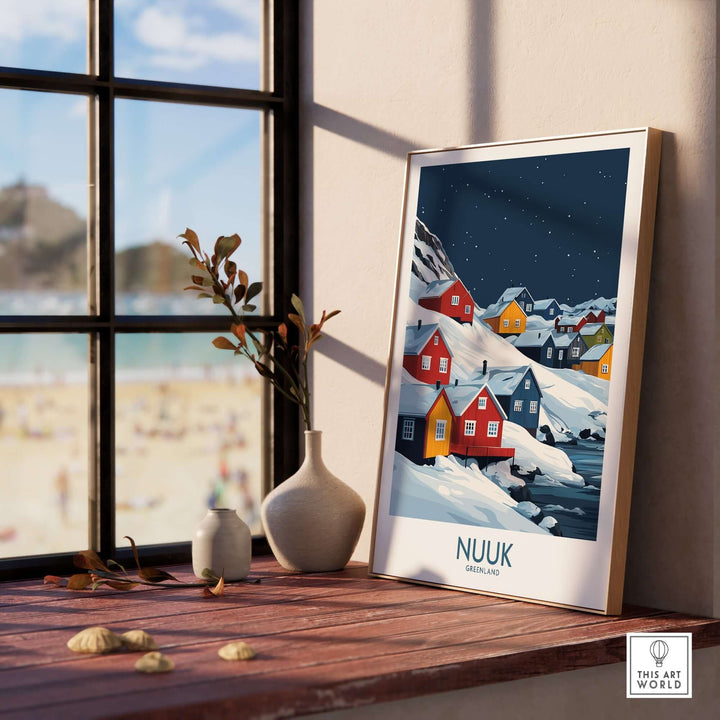 Nuuk Poster showcasing colorful houses against a snowy landscape, perfect for enhancing home decor with Arctic charm.