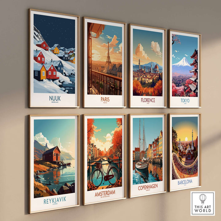 Colorful travel poster collage featuring Nuuk, Paris, Florence, Tokyo, Reykjavik, Amsterdam, Copenhagen, and Barcelona.