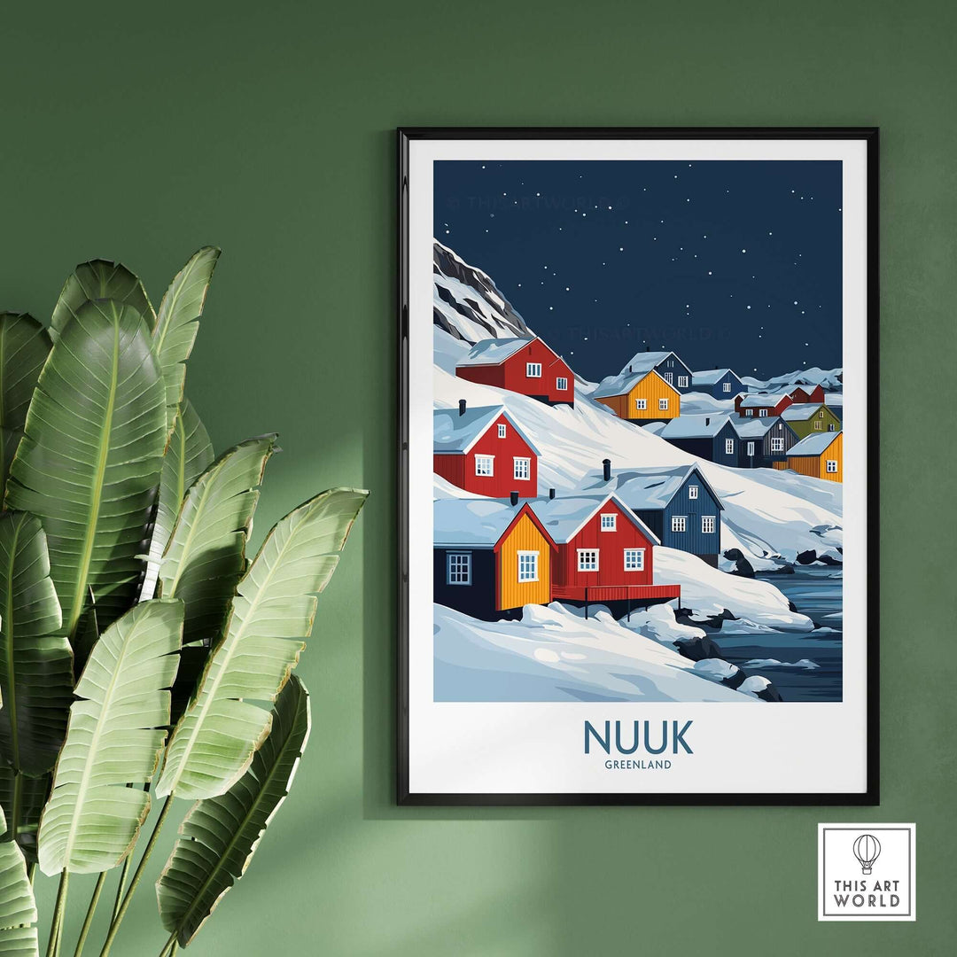 Nuuk poster featuring colorful houses on a snowy landscape, showcasing the beauty of Greenland's capital.