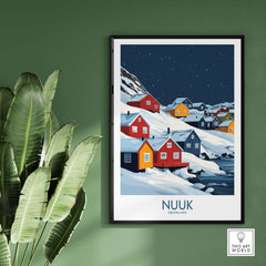 Nuuk Poster Greenland showcasing colorful houses in a picturesque snowy landscape of Greenland.