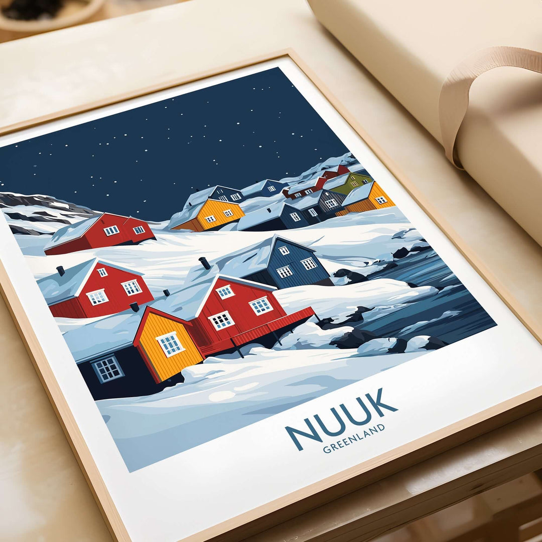 Nuuk poster showcasing colorful houses in a snowy landscape, capturing the essence of Greenland's Arctic charm.