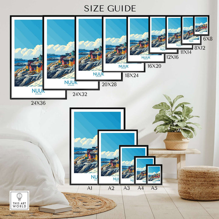 Size guide for Nuuk Travel Poster showcasing various dimensions for home decor and office display.