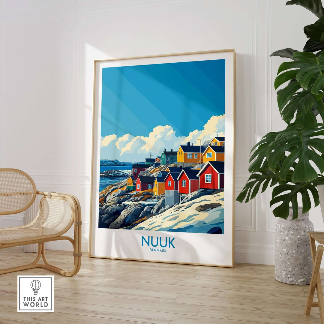 Nuuk travel poster featuring colorful houses and stunning landscape, perfect for home or office decor.