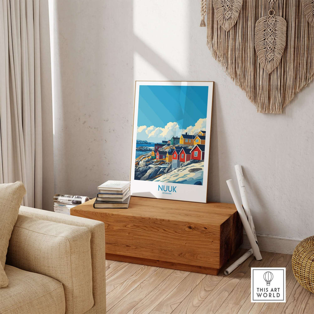 Nuuk travel poster showcased in a cozy living room, highlighting the vibrant landscape and colorful buildings of Greenland.