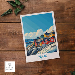 Nuuk Travel Poster showcasing colorful houses by the coast of Nuuk, Denmark, capturing Greenland's stunning landscape.