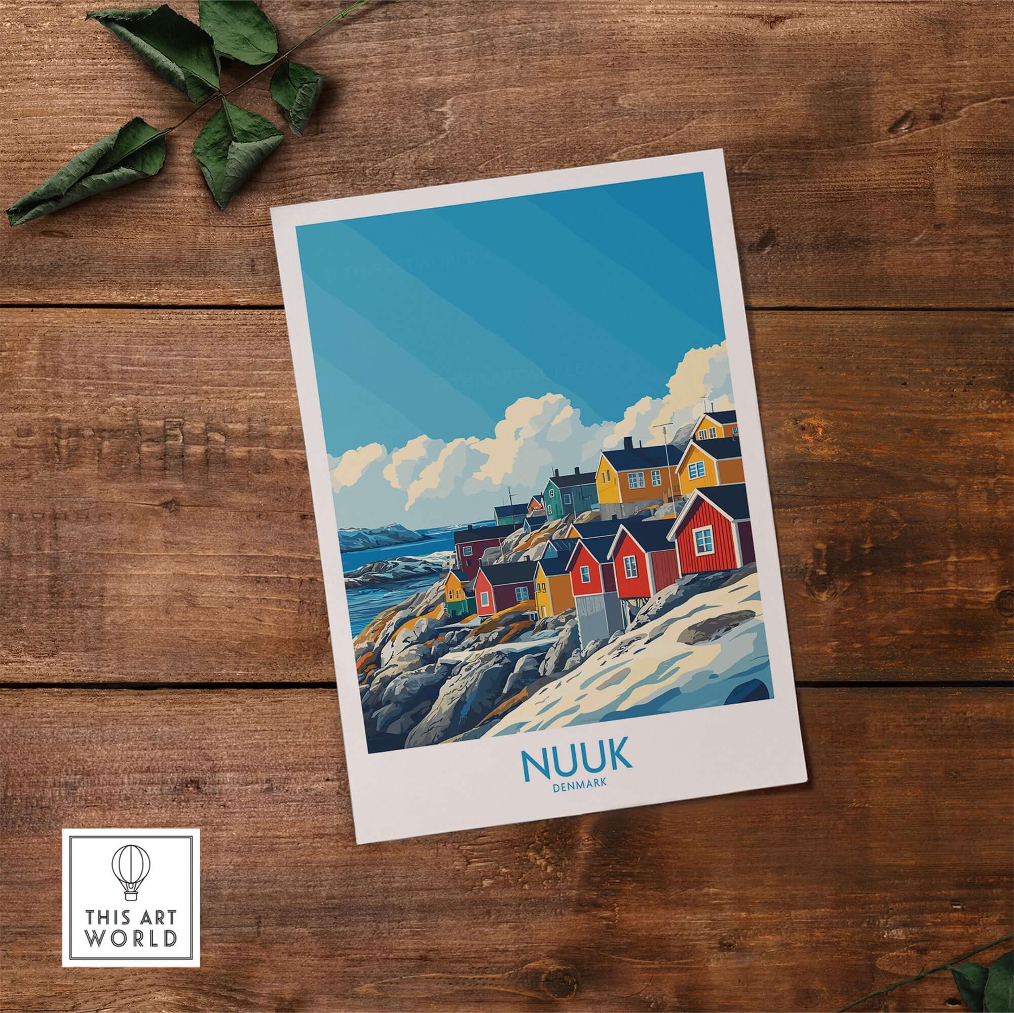 Nuuk Travel Poster showcasing colorful houses by the coast of Nuuk, Denmark, capturing Greenland's stunning landscape.