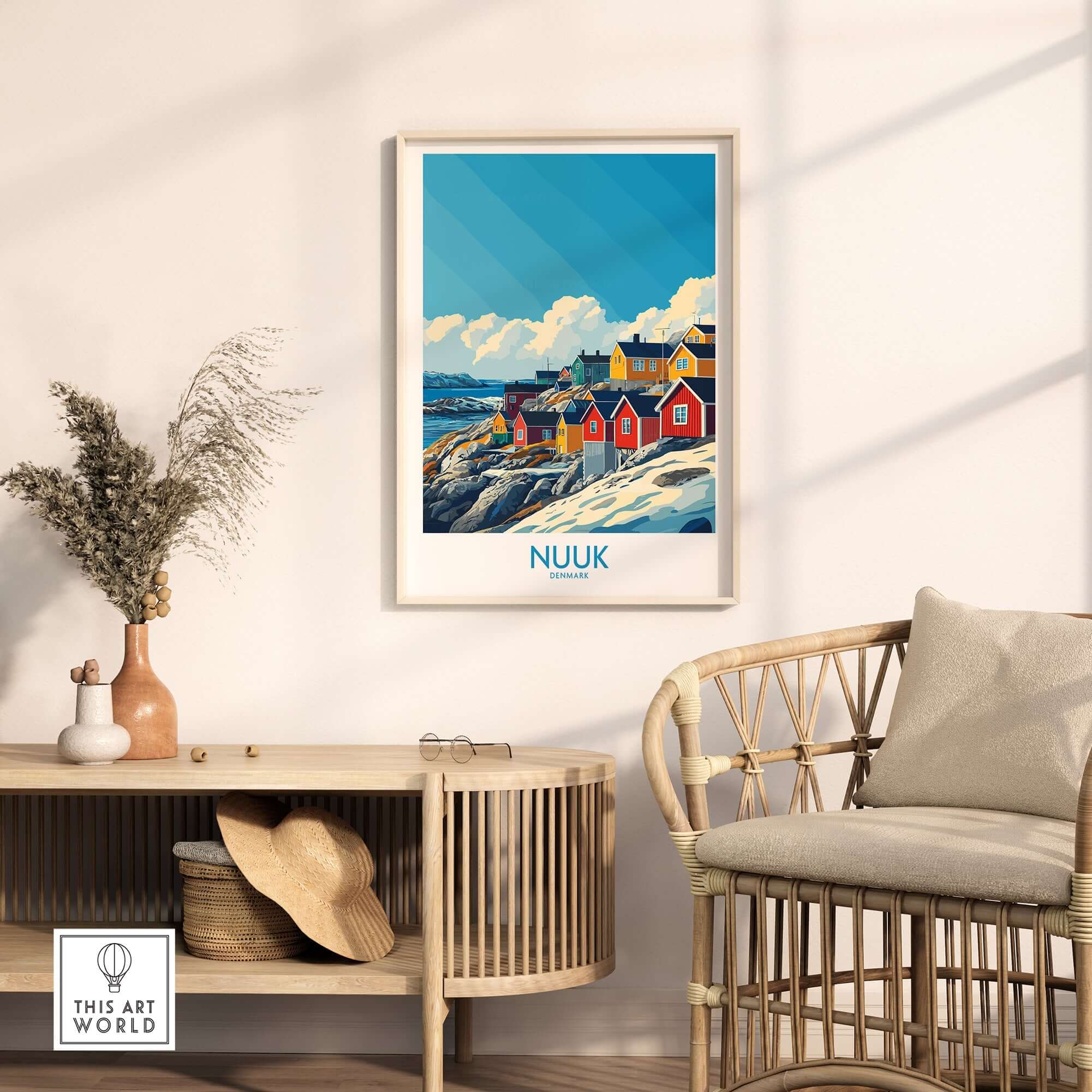 Nuuk Travel Poster showcasing colorful houses against a beautiful coastal landscape in Nuuk, perfect for travel enthusiasts.