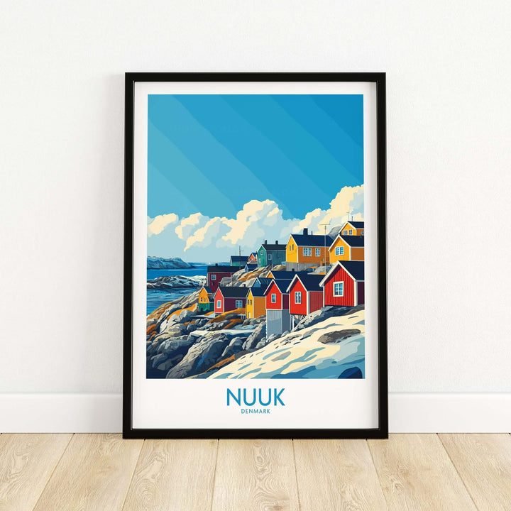 Nuuk travel poster featuring colorful houses and stunning Greenland landscape, perfect for travel enthusiasts.