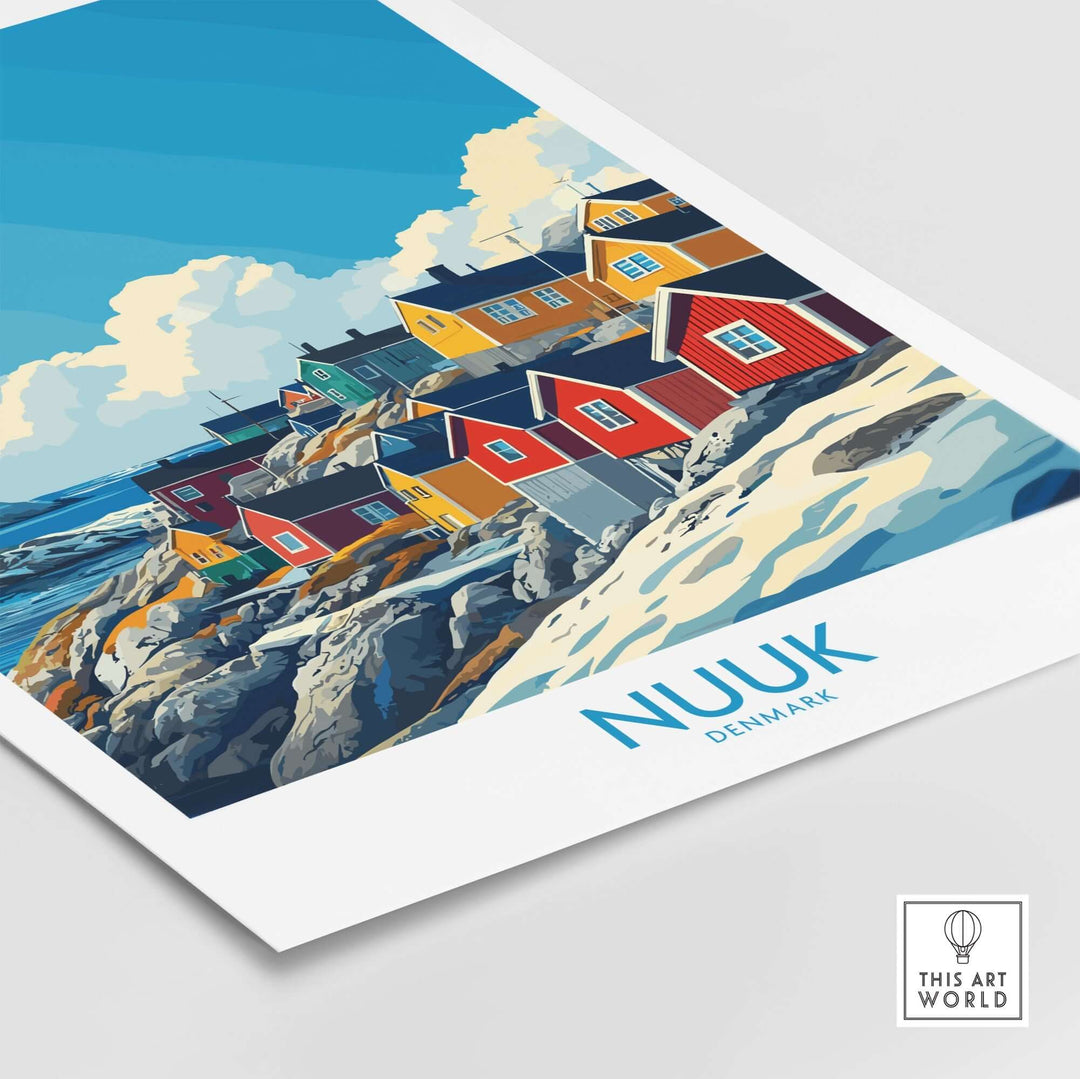 Nuuk travel poster featuring colorful houses on rocky coastline, showcasing the stunning landscape of Greenland.