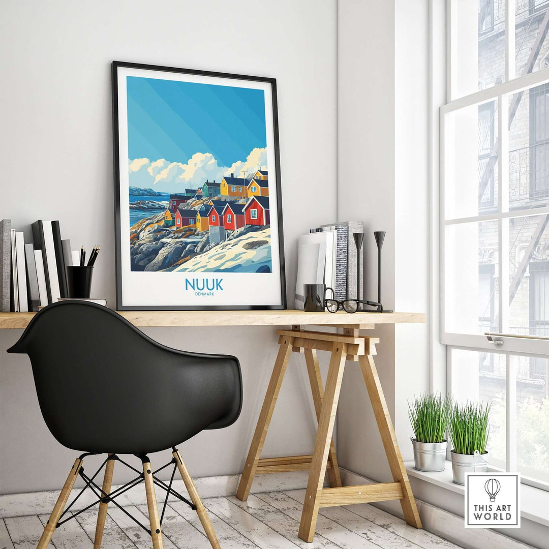 Nuuk Travel Poster showcasing colorful houses against a stunning landscape, perfect for home or office decor.