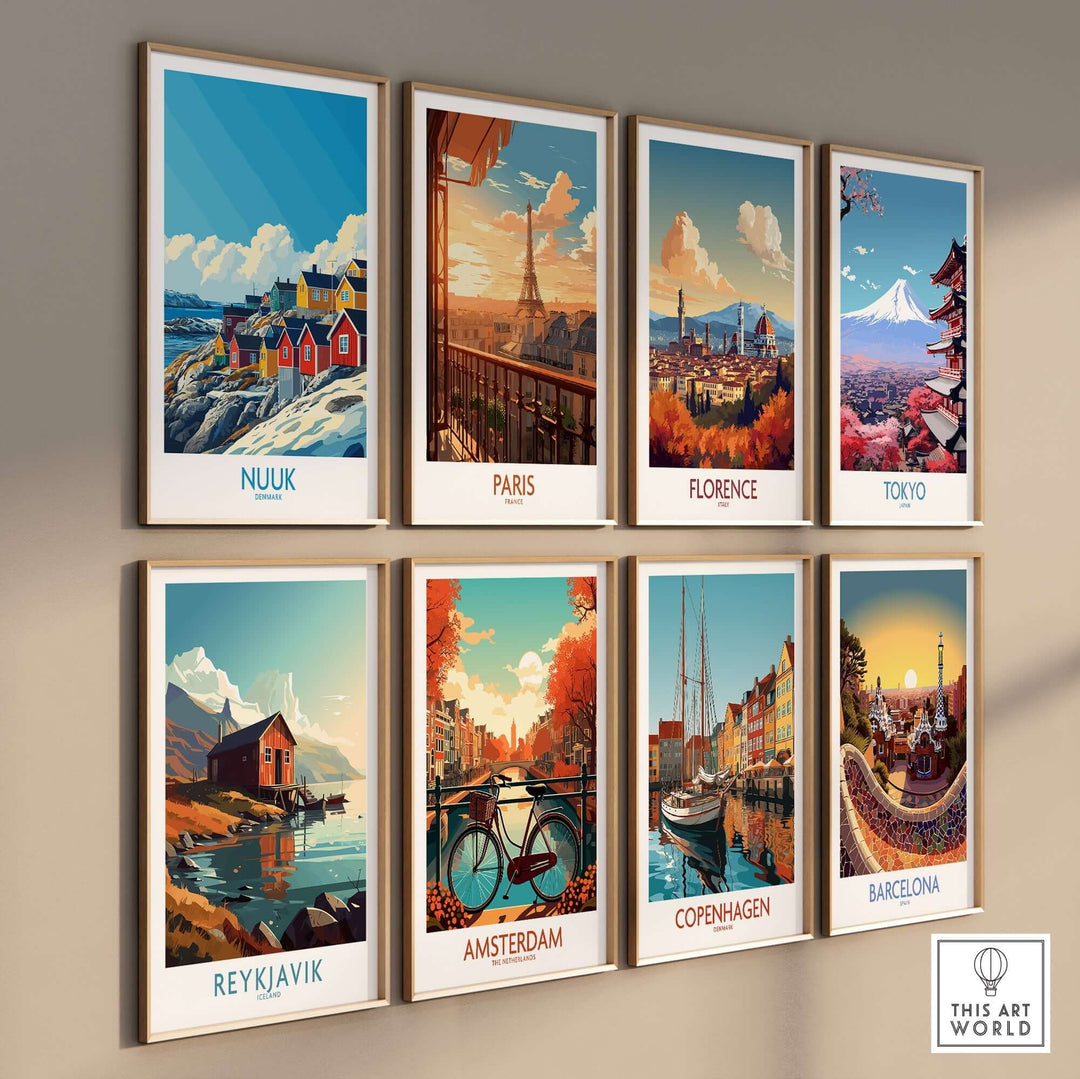 Collection of travel posters featuring Nuuk, Paris, Florence, Tokyo, Reykjavik, Amsterdam, Copenhagen, and Barcelona.