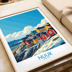 Nuuk Travel Poster showcasing colorful houses and rocks against a blue sky, perfect for travel enthusiasts.