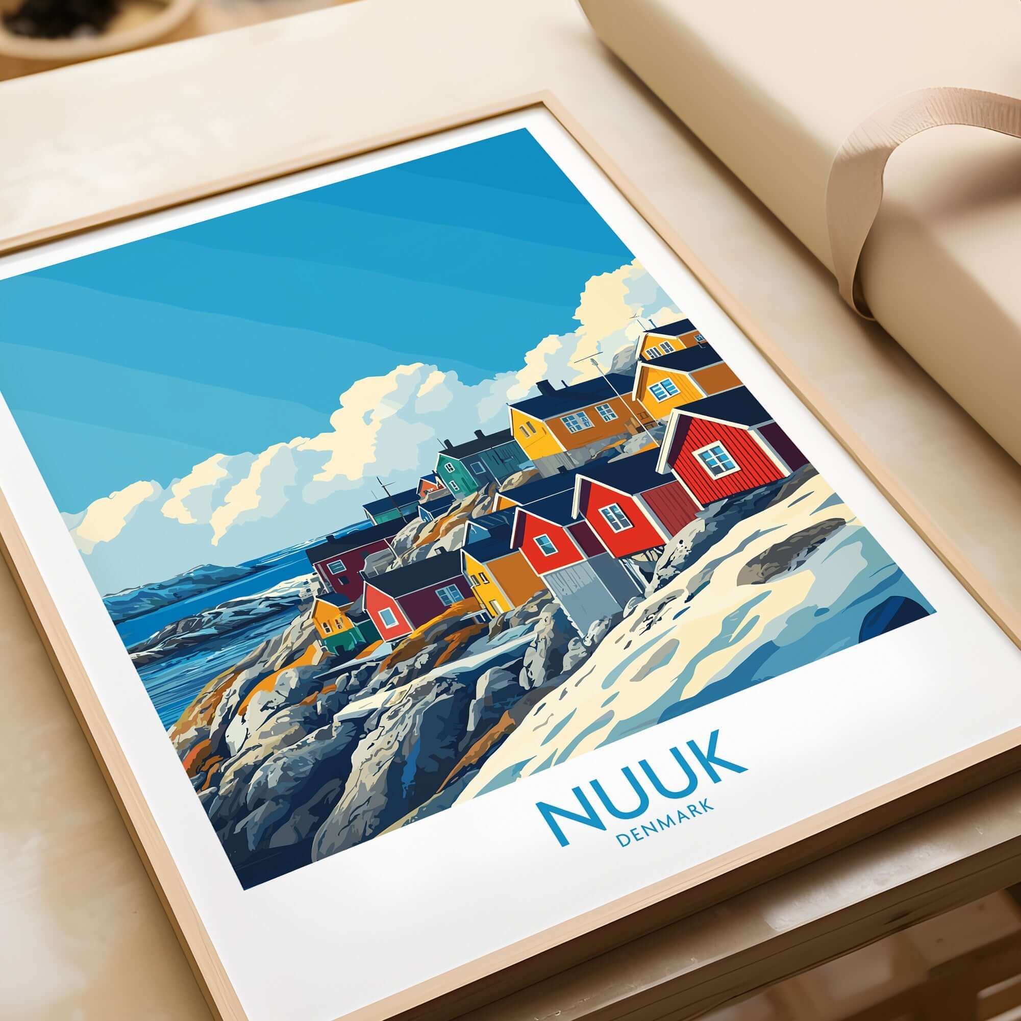 Nuuk Travel Poster showcasing colorful houses and rocks against a blue sky, perfect for travel enthusiasts.