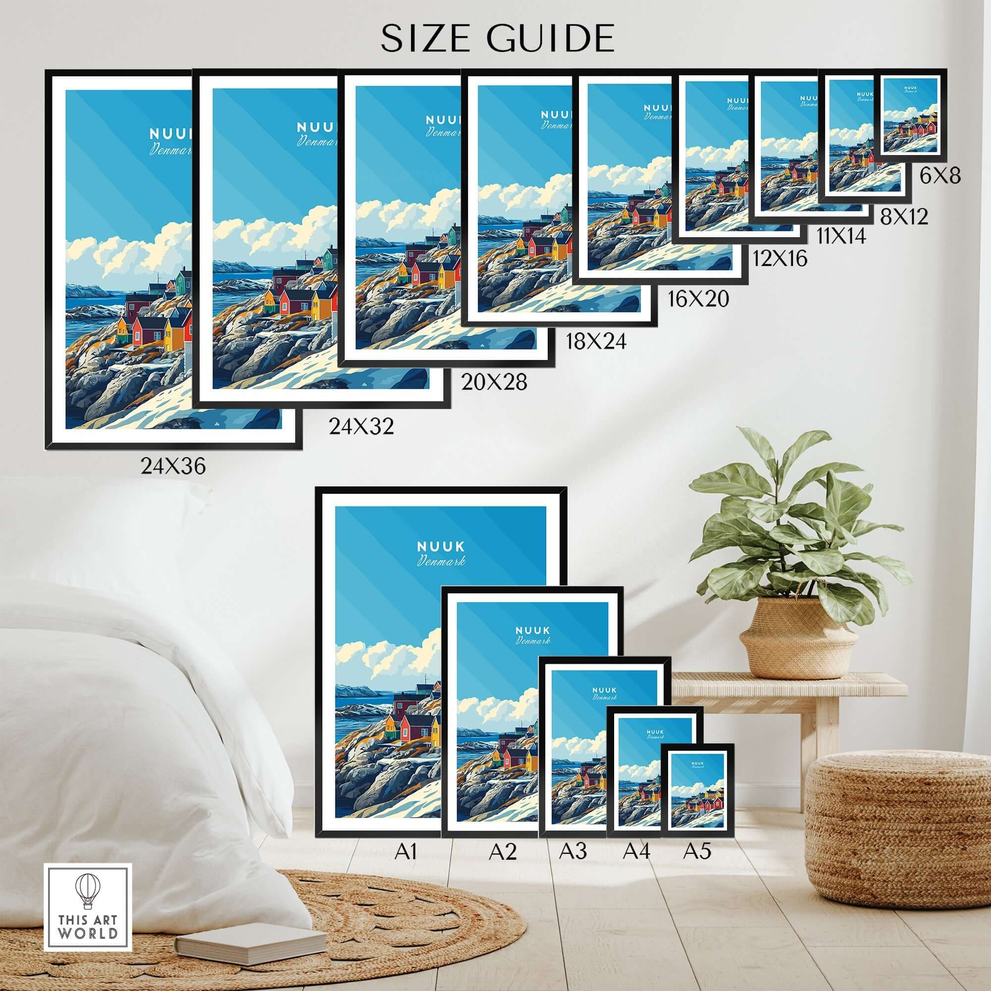 Size guide for Nuuk Travel Print showing different frame sizes and dimensions on display.