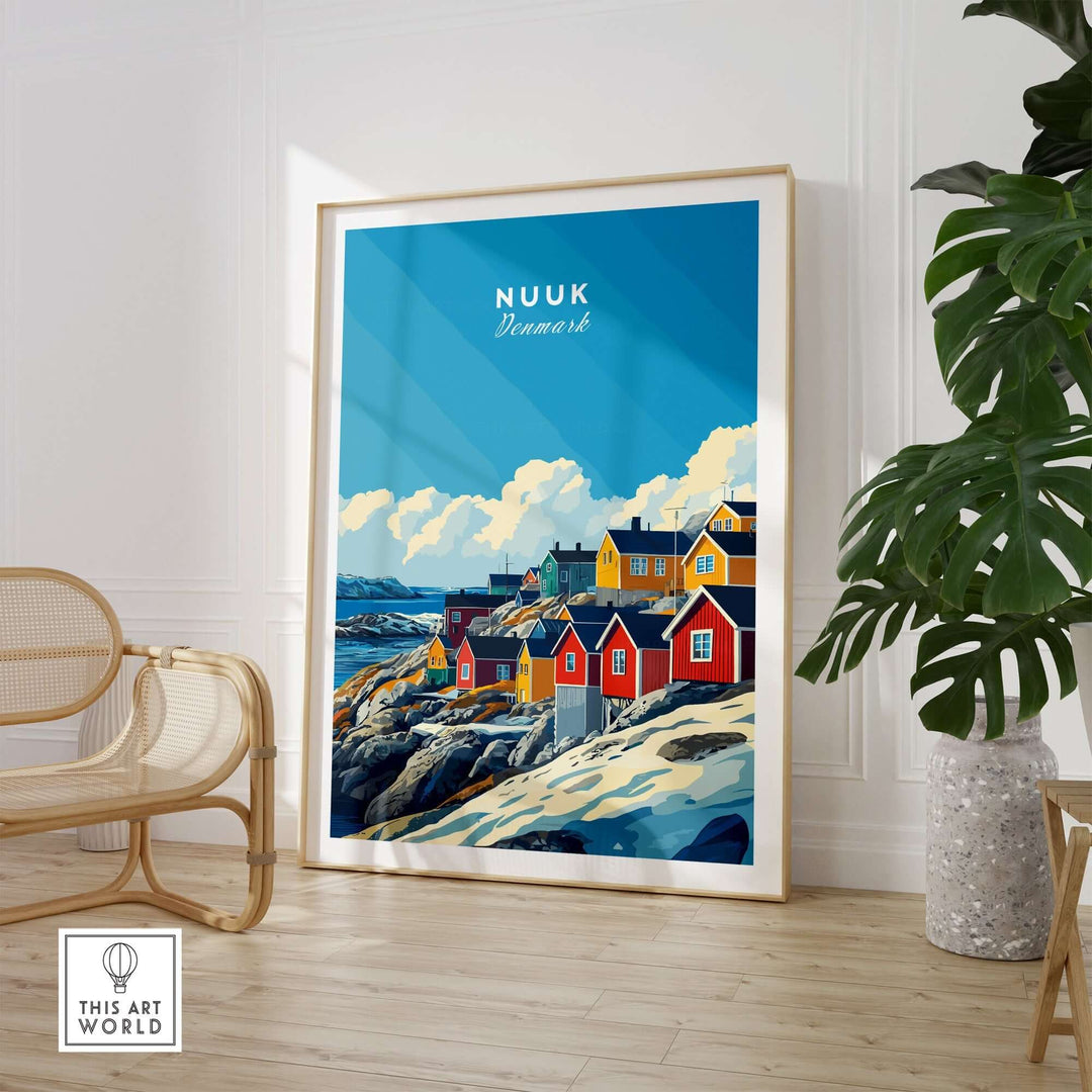 Nuuk Travel Print showcasing colorful houses against a blue sky, perfect for travel lovers' home or office decor.