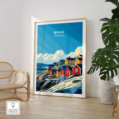 Nuuk Travel Print featuring colorful houses in Greenland, perfect for travel lovers.