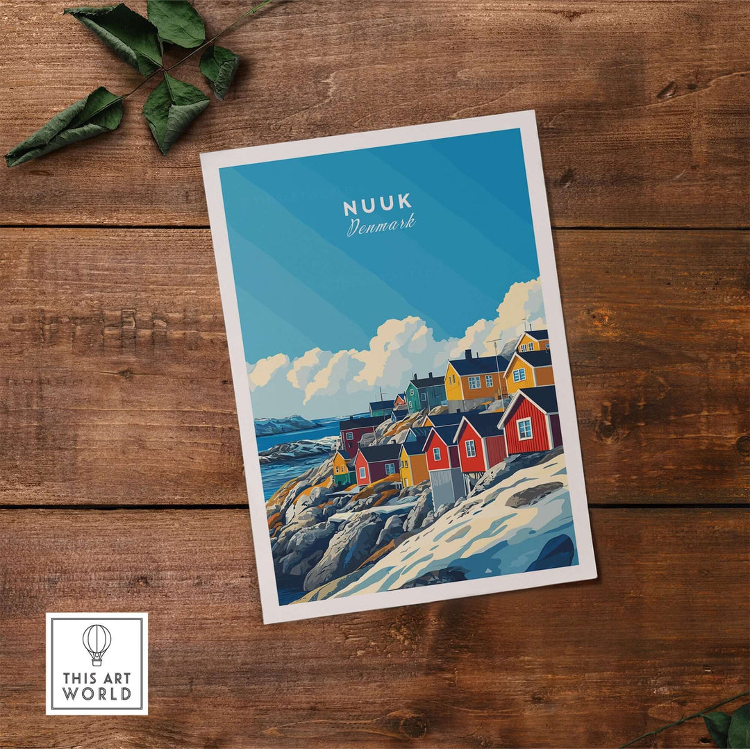 Nuuk Travel Print showcasing vibrant Greenland houses against a blue sky, perfect for travel lovers' decor.