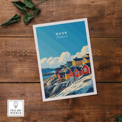 Nuuk Travel Print showcasing colorful houses by the shore, capturing Greenland's beauty and vibrant scenery.