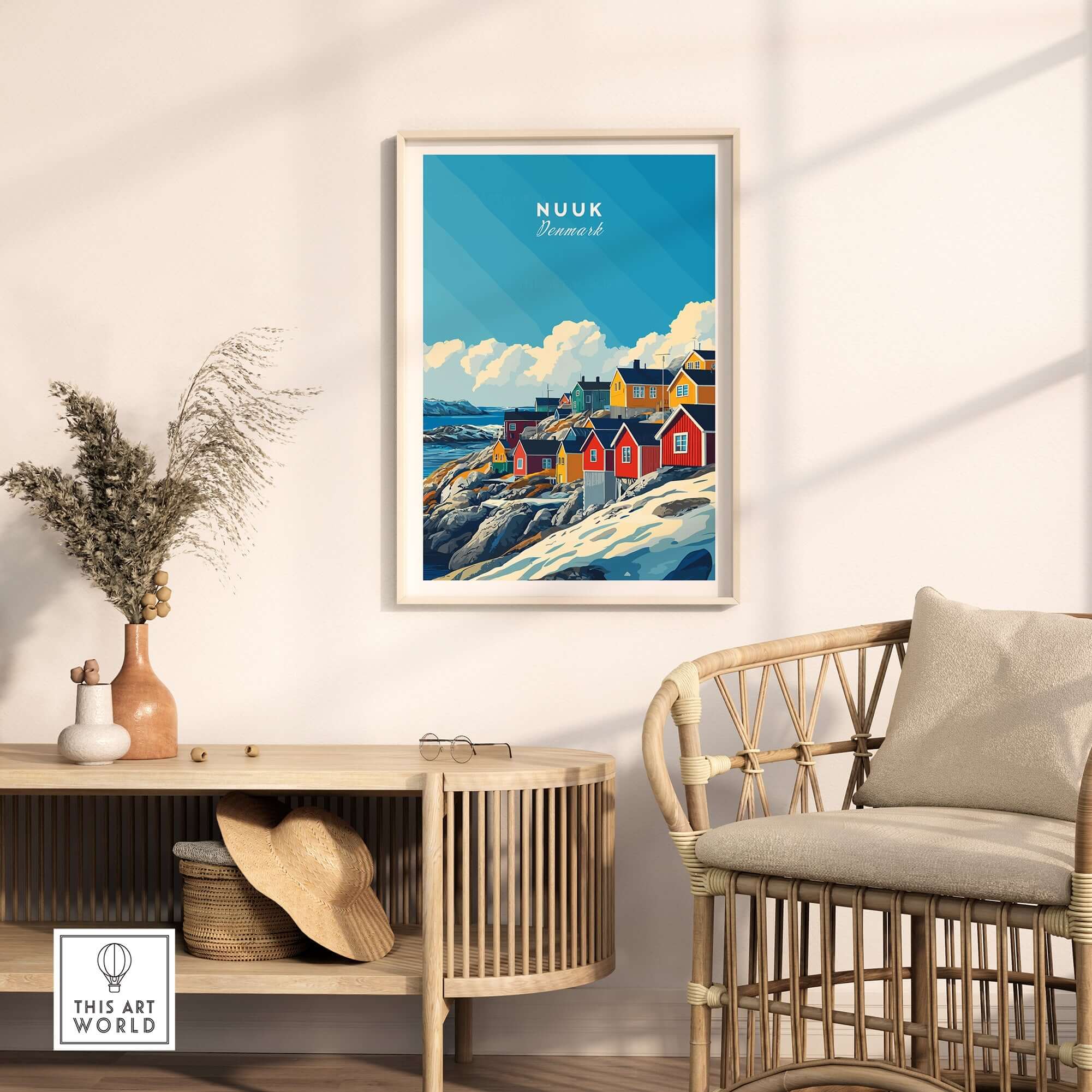 Nuuk Travel Print showcasing colorful houses and scenic landscape of Greenland in a stylish home decor setting.