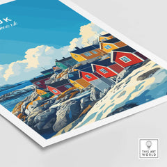 Nuuk Travel Print showcasing colorful houses on rocky terrain with vibrant blue skies in Greenland.