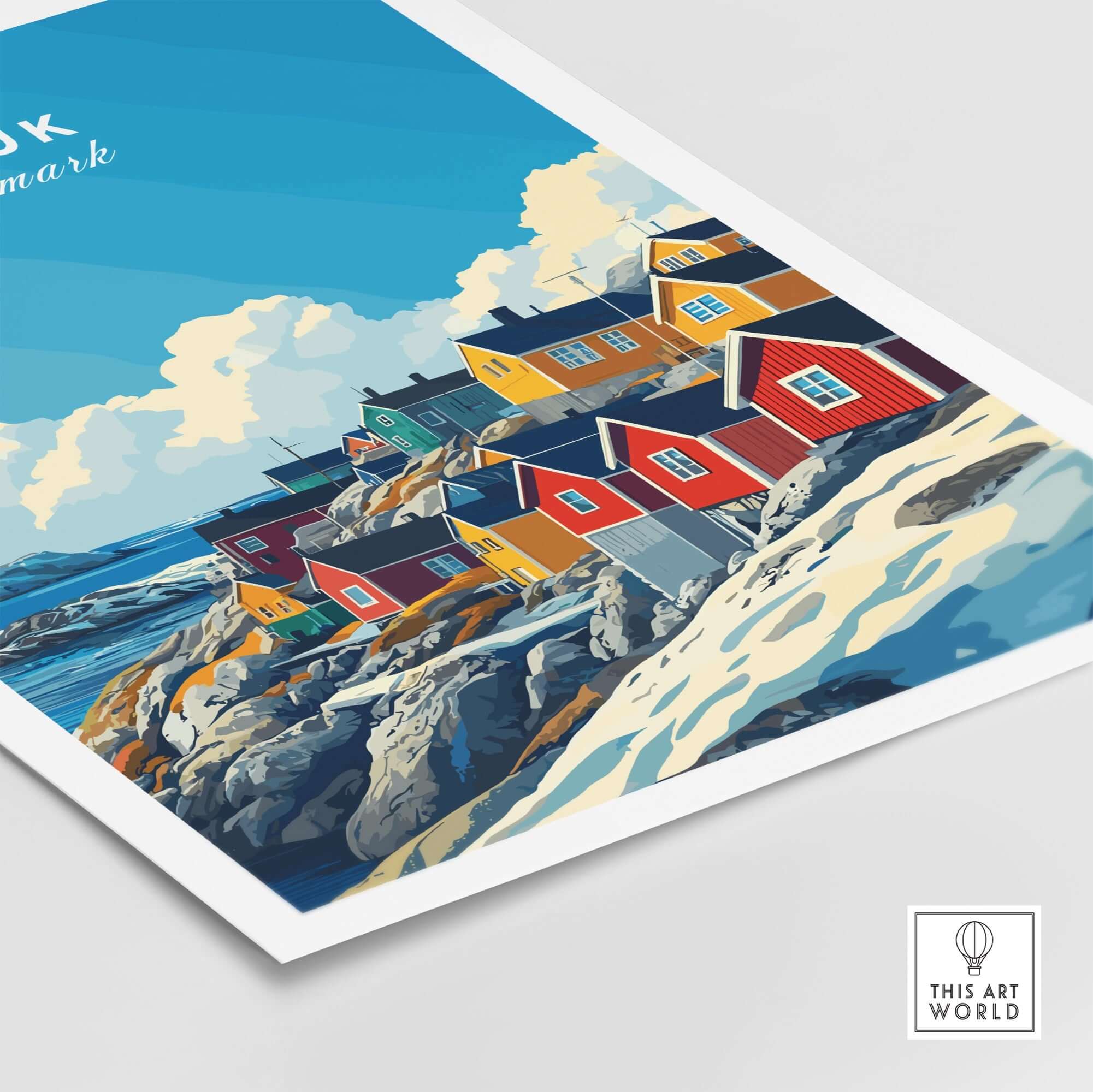 Nuuk Travel Print showcasing colorful houses on rocky terrain with vibrant blue skies in Greenland.