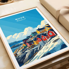 Nuuk Travel Print showcasing colorful houses in Greenland against a vibrant blue sky, perfect for home decor.