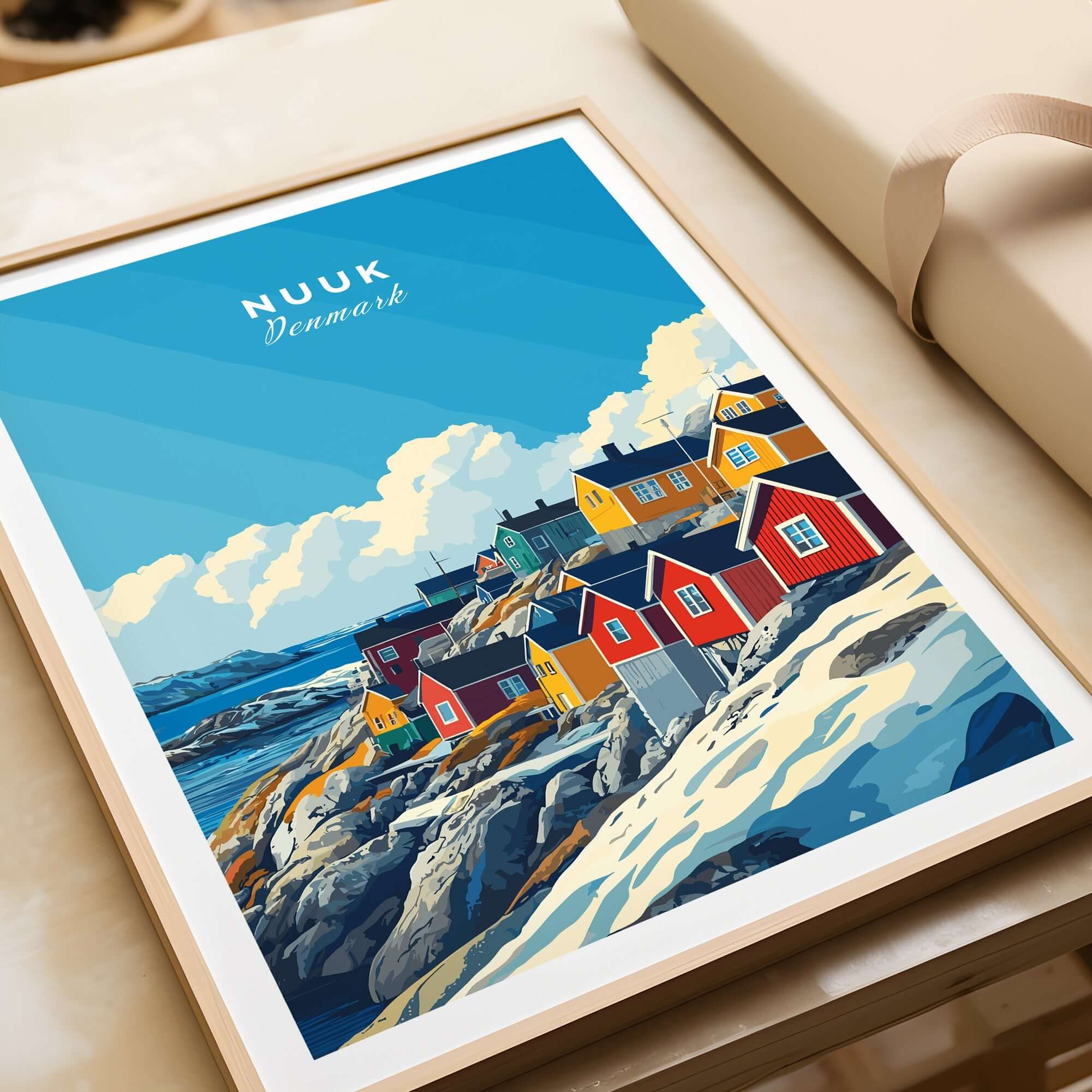 Nuuk Travel Print showcasing colorful houses in Greenland against a vibrant blue sky, perfect for home decor.