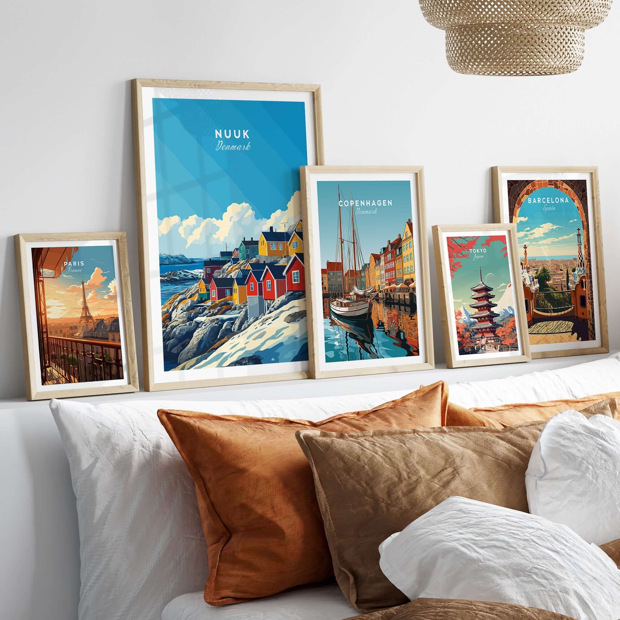 Nuuk Travel Print beautifully displayed among other travel prints in a cozy living room setting.