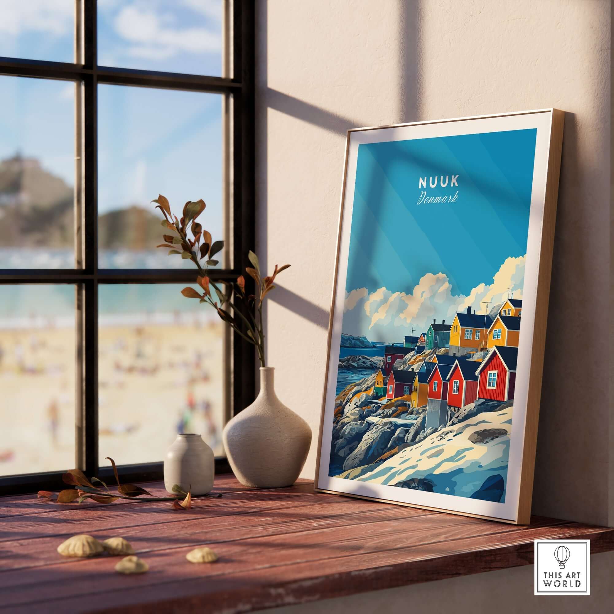Nuuk Travel Print showcasing colorful houses by the sea in a bright, serene setting, perfect for travel lovers.