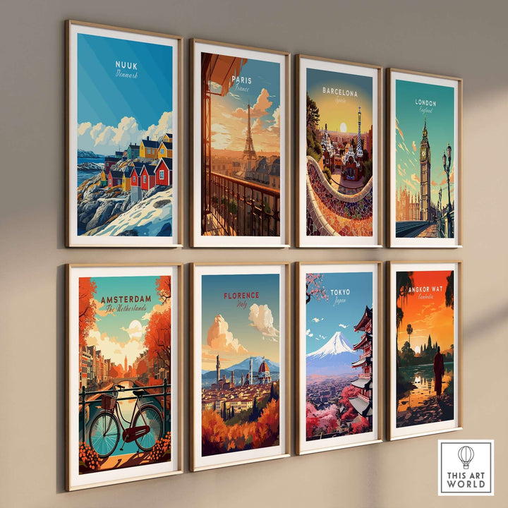 Collection of vibrant travel prints showcasing Nuuk, Paris, Barcelona, London, Amsterdam, Florence, Tokyo, and Angkor Wat.