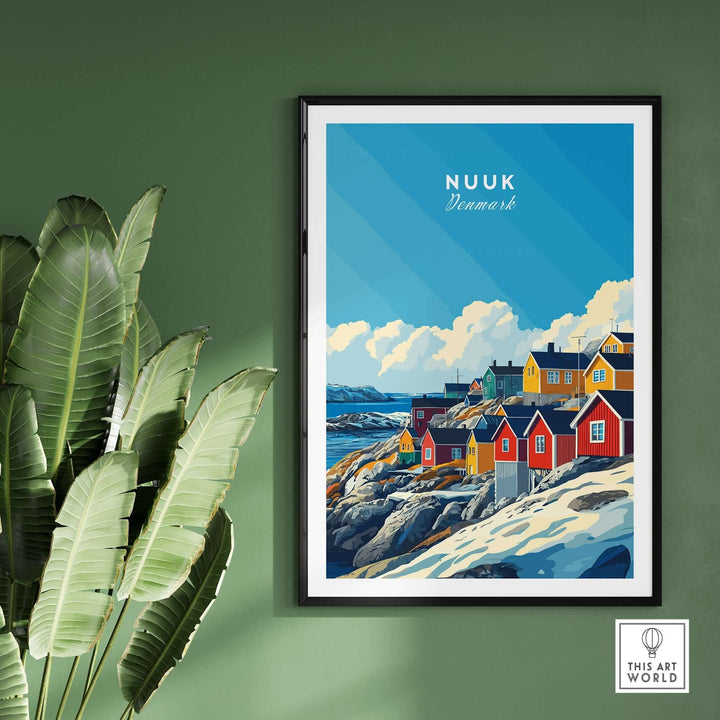 Nuuk Travel Print showcasing colorful houses against a scenic backdrop of Greenland, perfect for travel lovers.