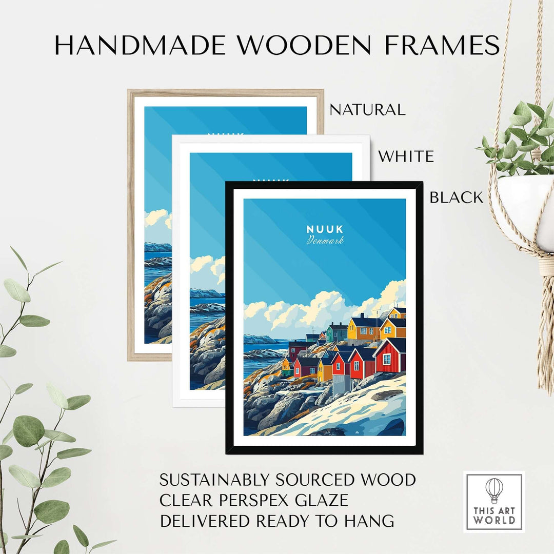 Nuuk Travel Print in natural, white, and black handmade wooden frames on display with a plant.