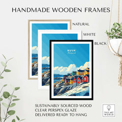 Nuuk Travel Print displayed in handmade wooden frames in natural, white, and black colors.