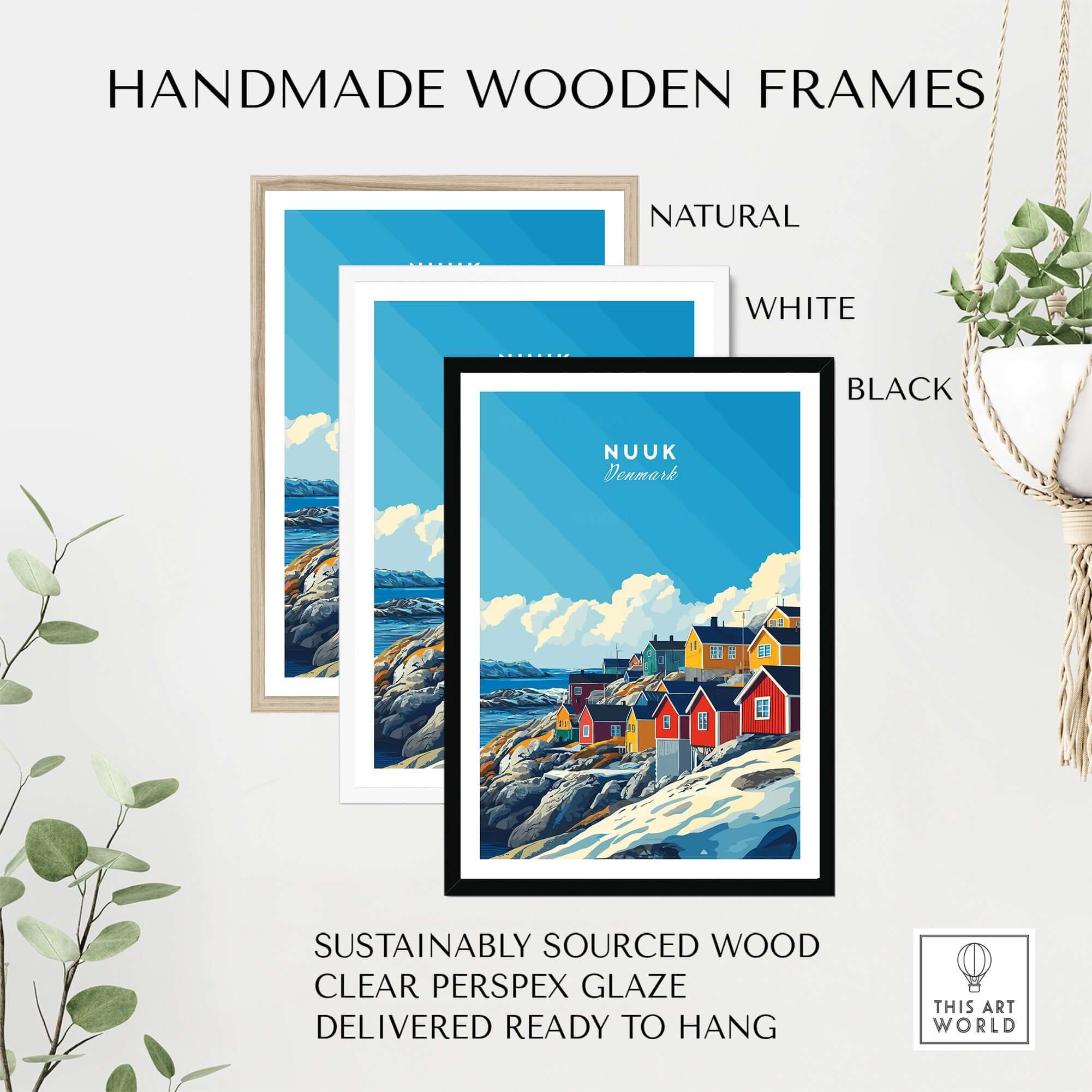 Nuuk Travel Print displayed in handmade wooden frames in natural, white, and black colors.