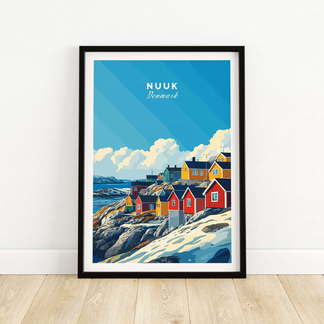 Nuuk travel print featuring colorful houses under a blue sky, capturing the essence of Greenland's beauty.