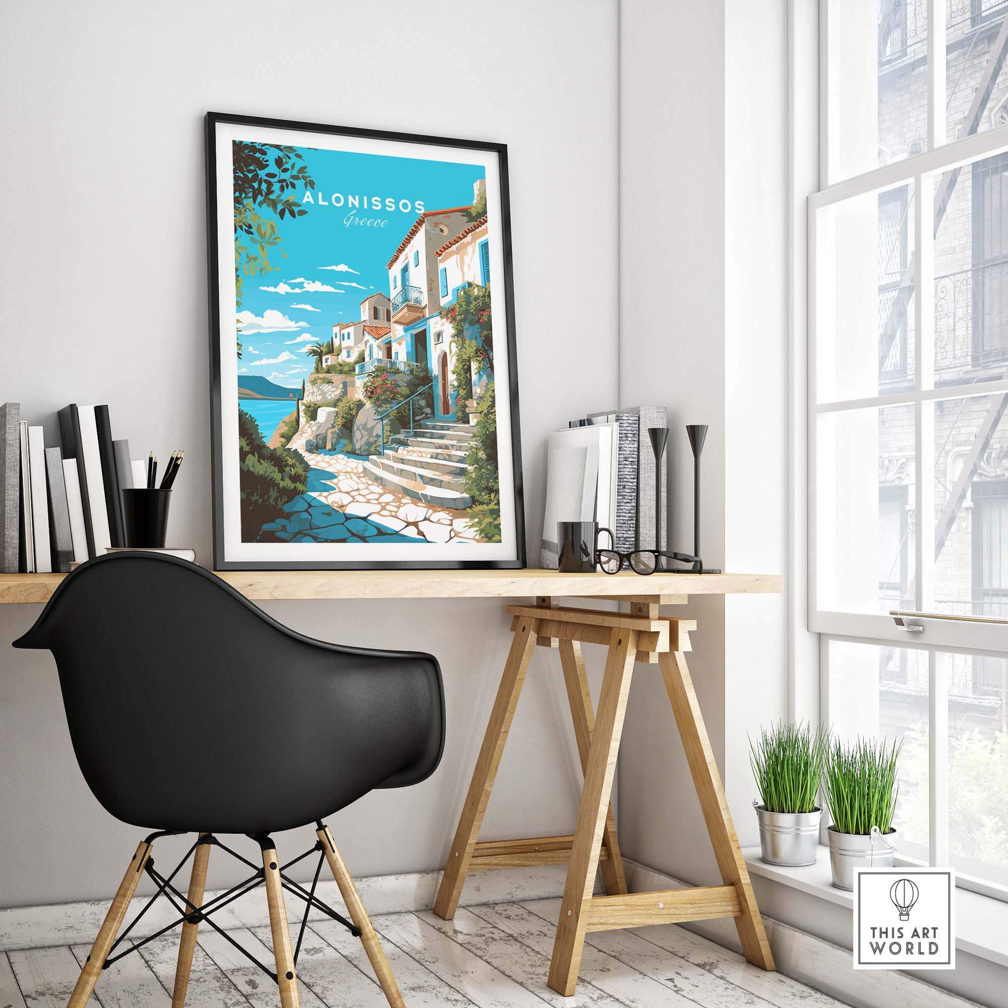Alonissos Greece travel poster print displayed in a stylish home office setting, showcasing Aegean landscapes.