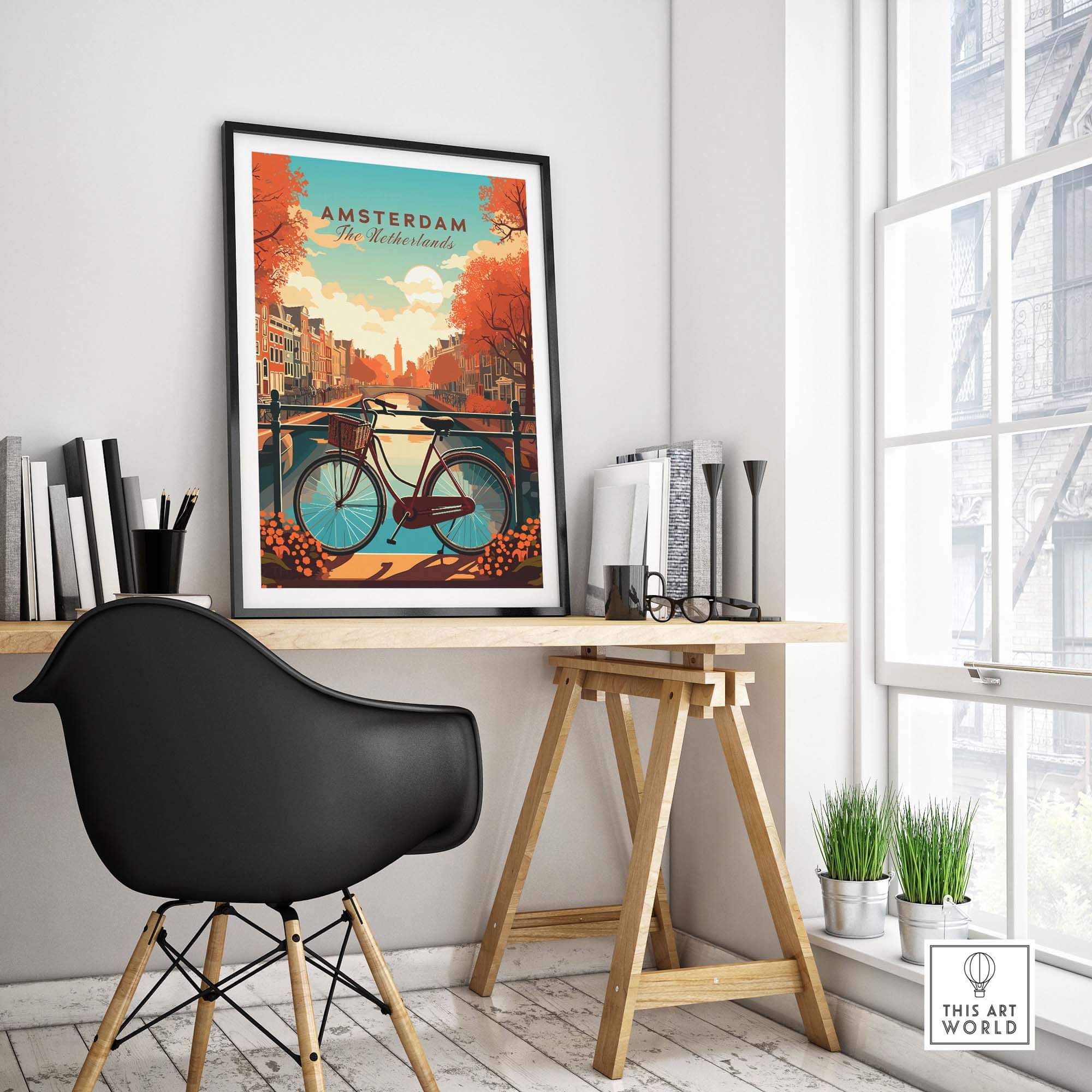 Vivid Amsterdam print featuring iconic bikes and canals, perfect for home decor and travel lovers.