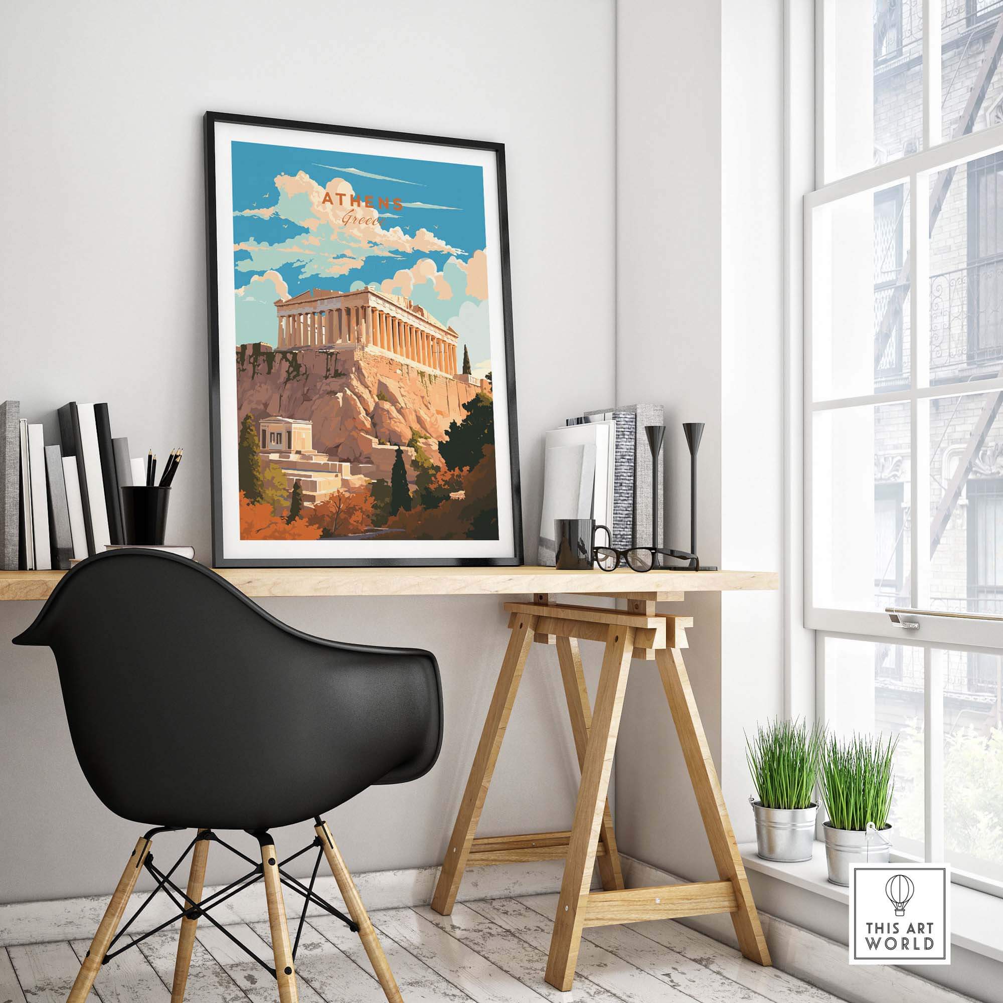 Athens Greece Travel poster print featuring the Acropolis displayed in a stylish home office setting.