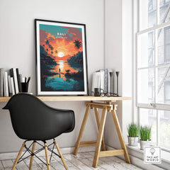 Bali wall art print depicting a sunset with palm trees, enhancing home decor and evoking holiday memories.