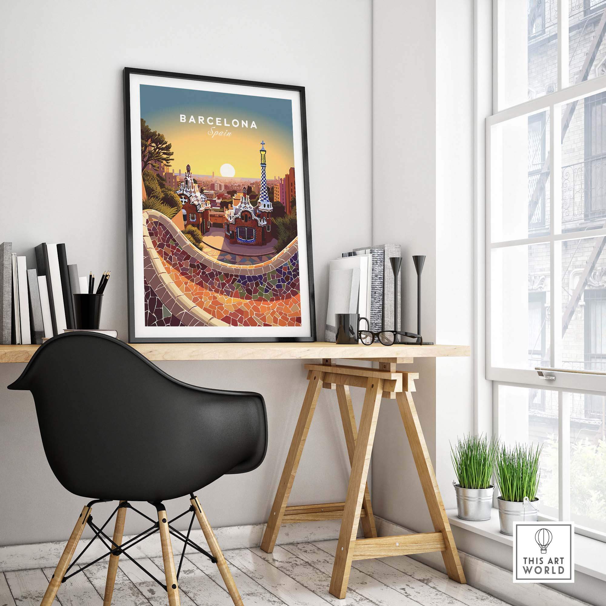 Barcelona travel poster print displayed in a stylish home office setting with modern furniture and natural light.