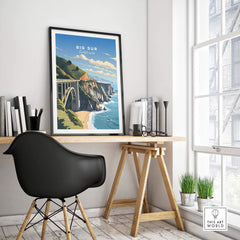 Big Sur Print showcasing California's coastline, framed in a modern home office setting, perfect for decor or gifting.