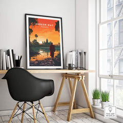 Angkor Wat wall art poster displayed in a stylish home office setting, capturing the iconic beauty of Cambodia.
