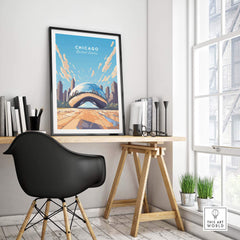 Chicago print featuring The Cloud Gate art in a stylish home office setting with modern furnishings.